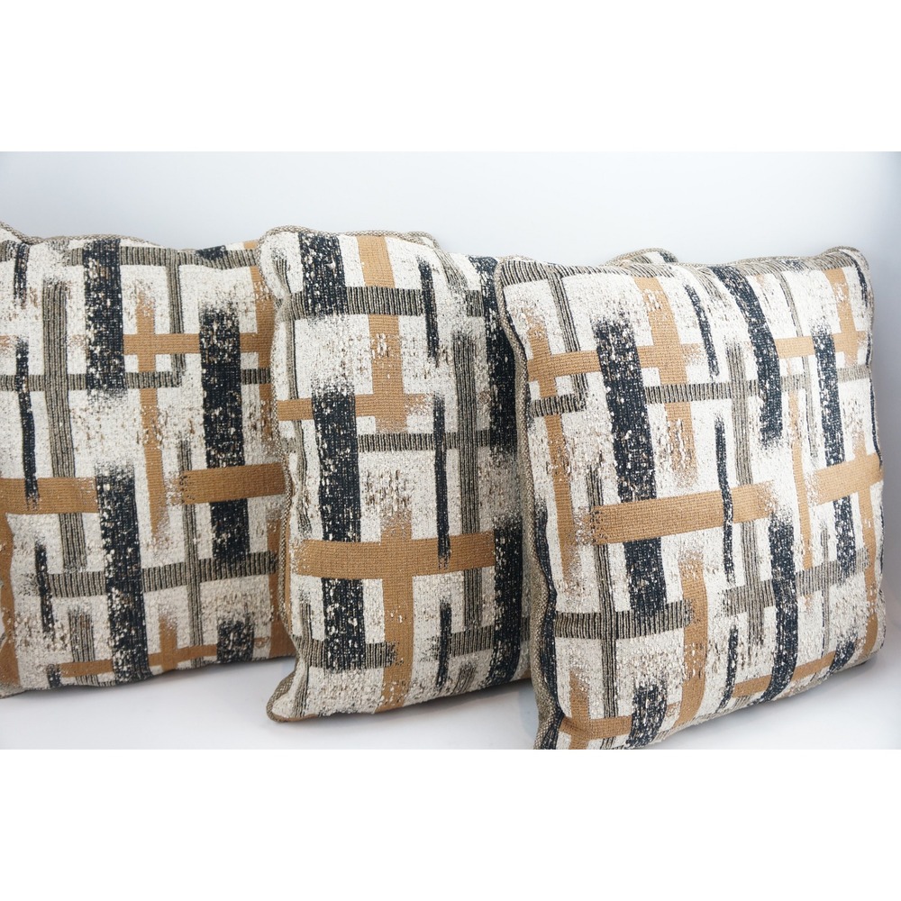 Ashley Furniture Throw Pillows 20x20 Tan Black Geometric Grid Woven Set of 3 VGC